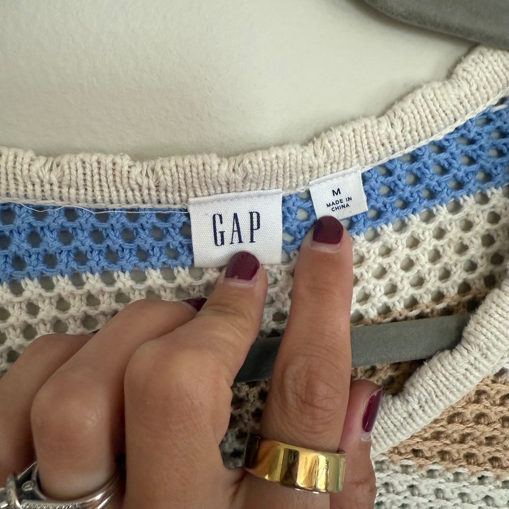 GAP Cream Open-Knit Crewneck Sweater with Rainbow Stripes - Picture 5 of 6